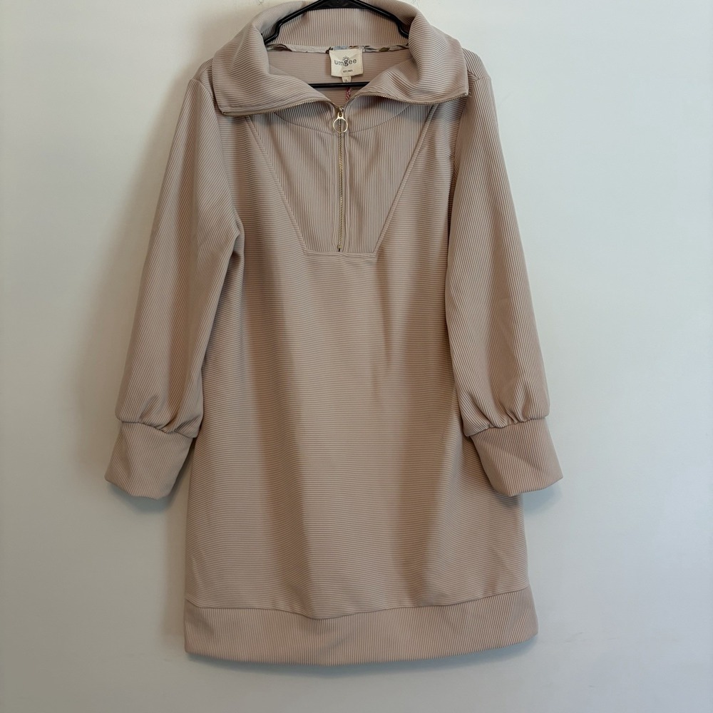 NWT Umgee Large Cream Tan Sweater Dress Tunic Long Sleeve Collar 1/4 Zip Ribbed